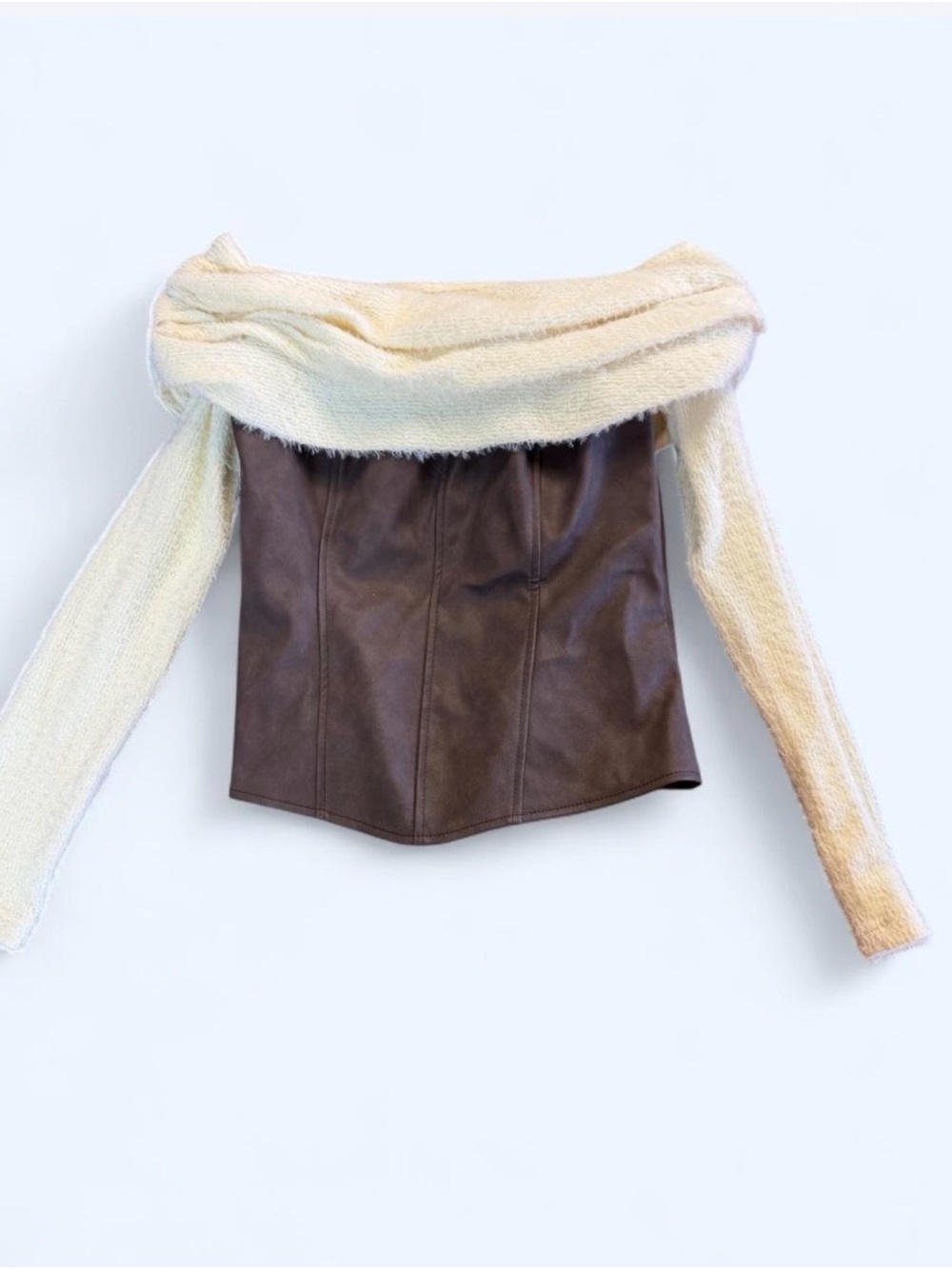 MUSERA Off-Shoulder Brown Faux Leather Corset Sweater with Cream Knit Sleeves
